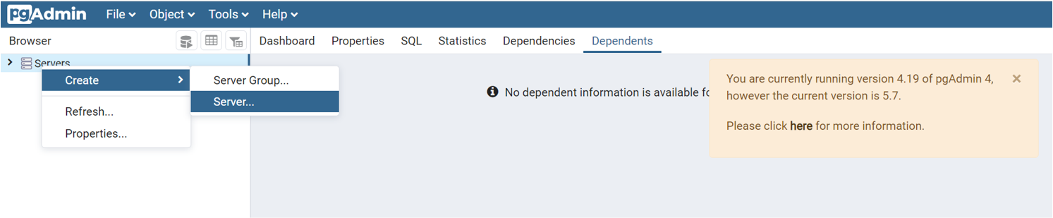 Captura de tela que mostra o processo para se conectar a um Banco de Dados do Azure para servidor PostgreSQL usando a ferramenta de administração P G.