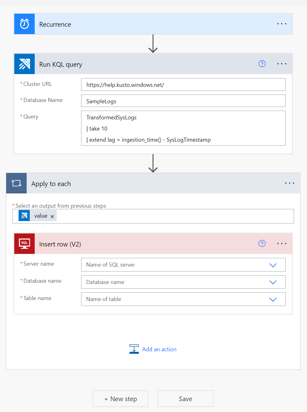 Captura de ecrã do conector SQL, mostrando dados a consultar através do Power Automate conector.