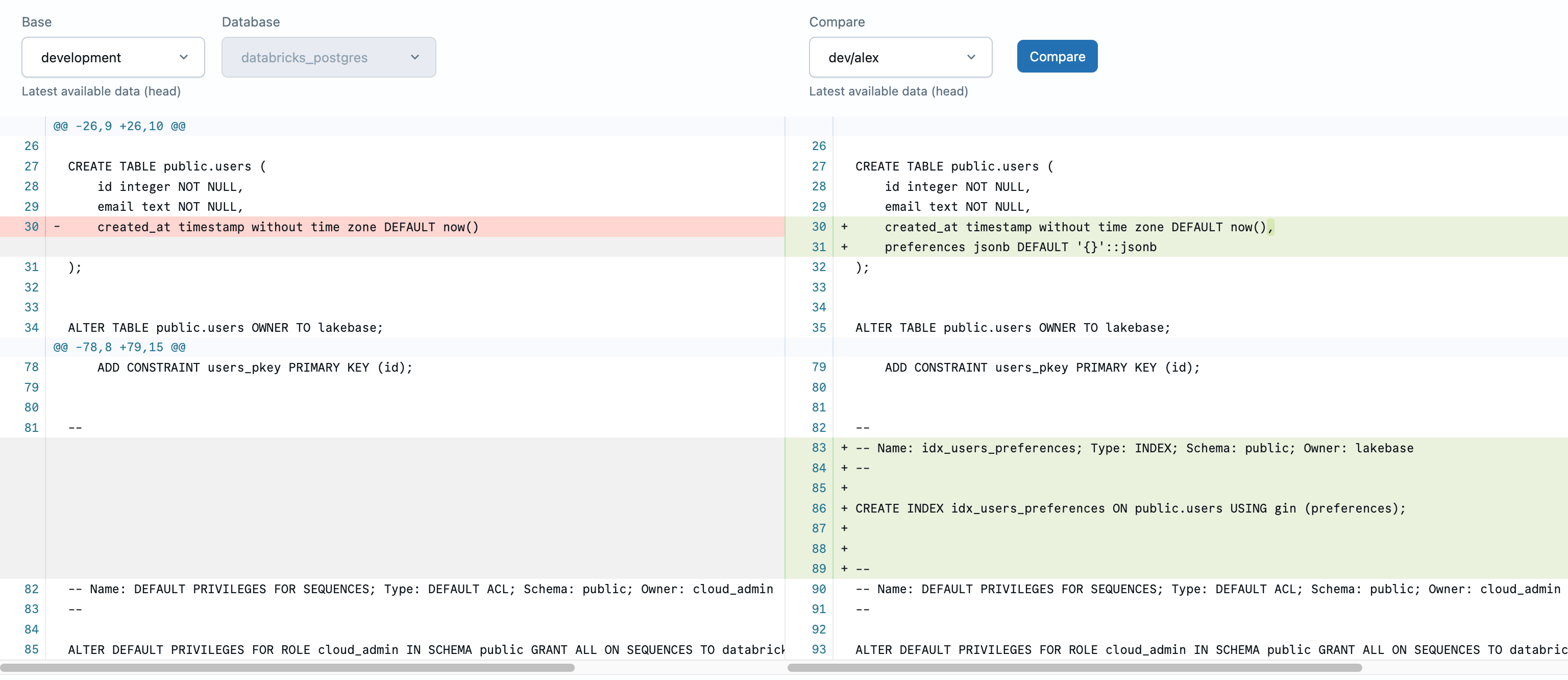 Diferença de esquema mostrando a coluna e o índice de preferências adicionados ao branch dev/alex