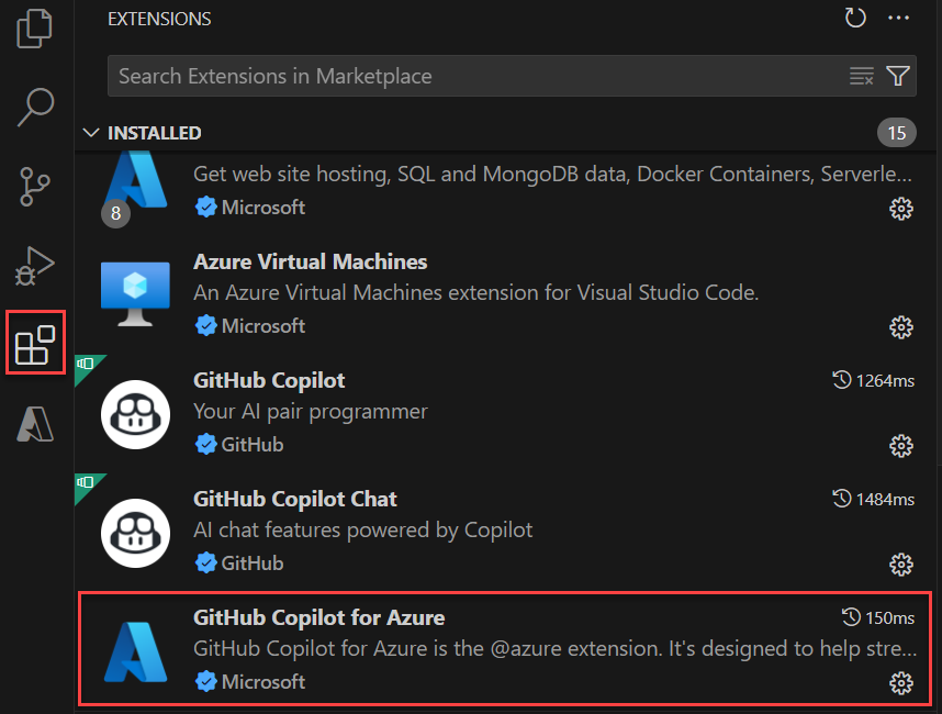 Captura de ecrã que mostra GitHub Copilot para Azure na lista de extensões em Visual Studio Code.