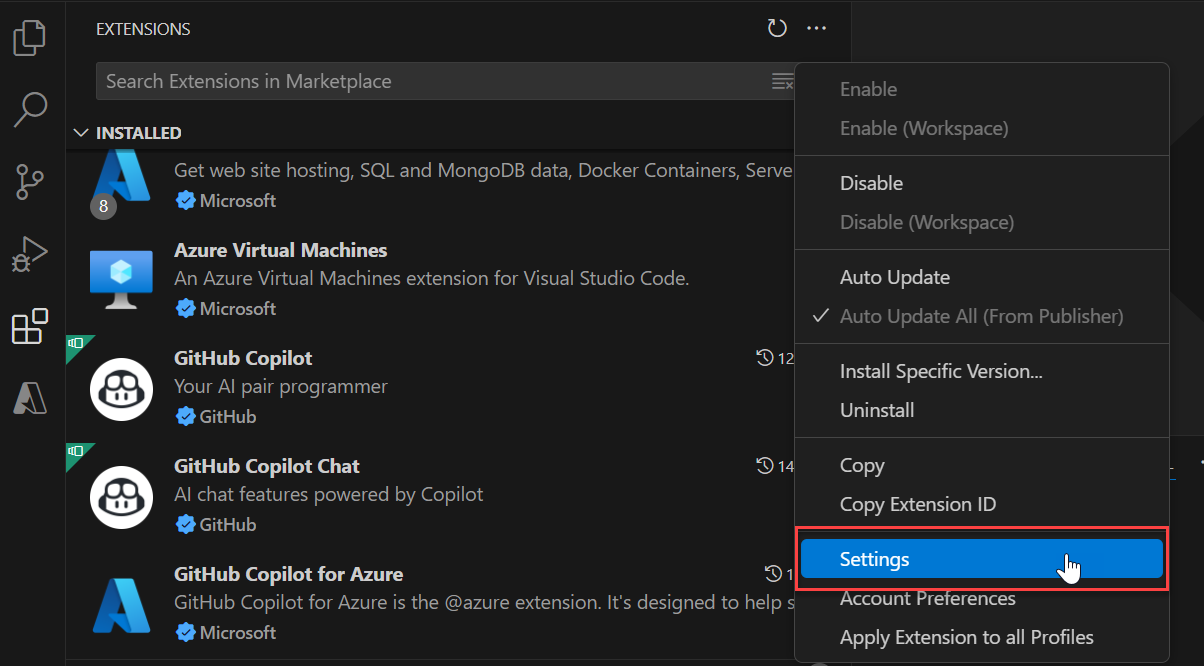 Captura de ecrã que mostra o menu pop-up para GitHub Copilot para Azure.