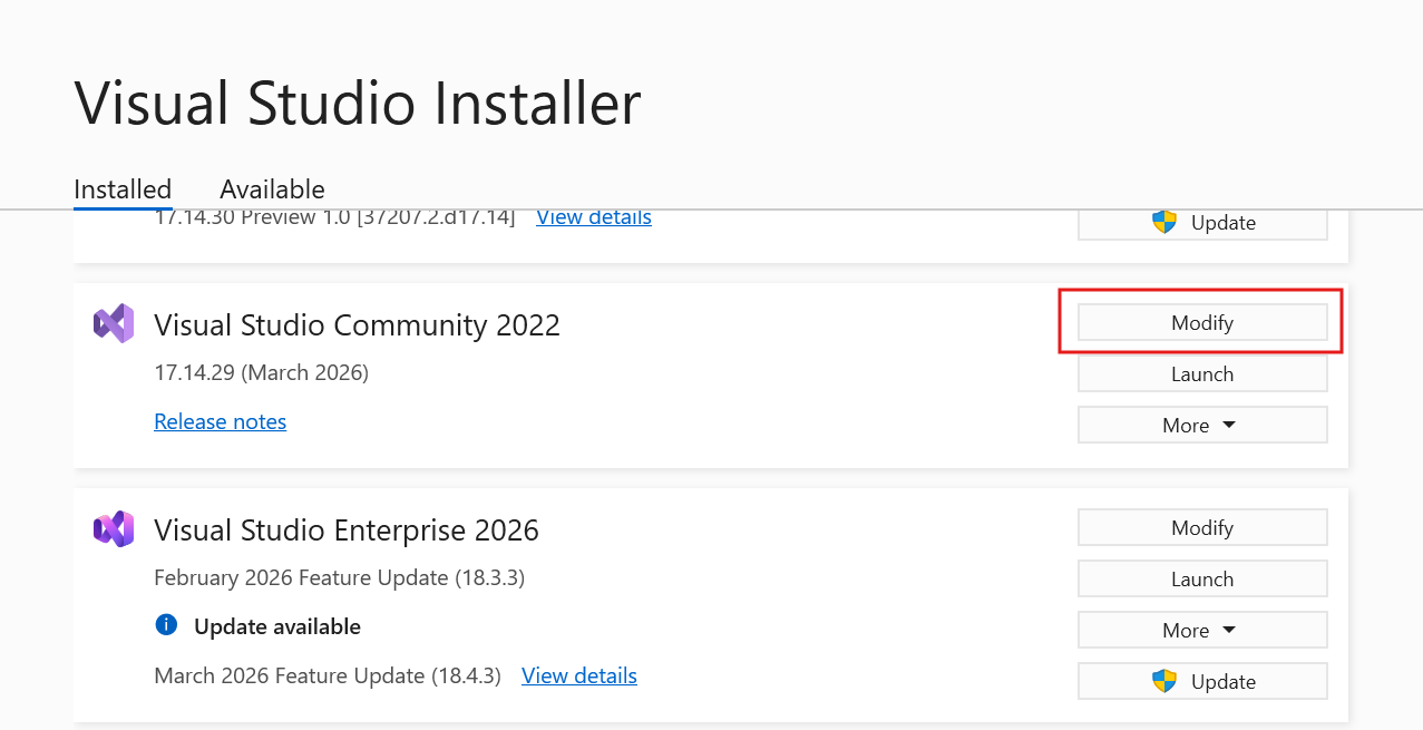 Captura de ecrã que mostra o Instalador Visual Studio com o botão Modificar destacado.