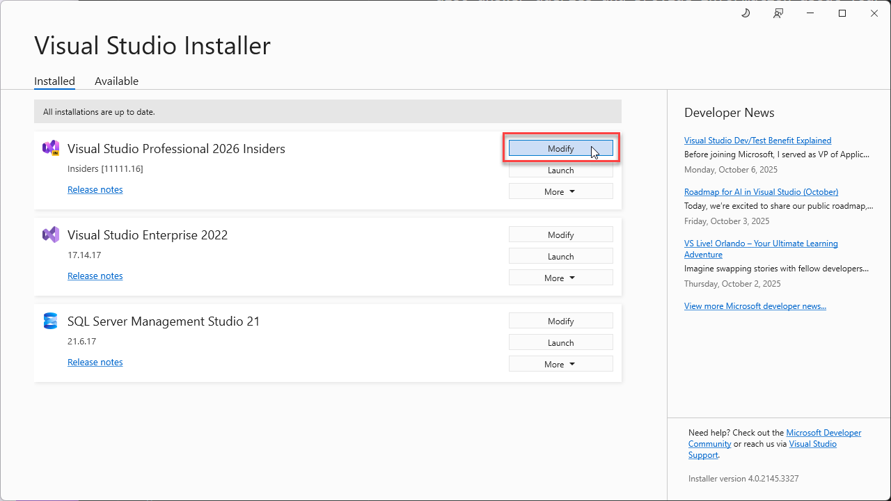 Captura de ecrã que mostra o Instalador Visual Studio com o botão Modificar destacado.