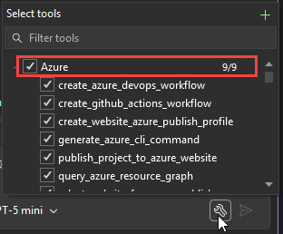 Captura de ecrã que mostra o diálogo de seleção de ferramentas com o nó Azure ativado.