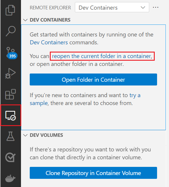 Captura de tela que mostra como selecionar o link 'reabrir a pasta atual em um contêiner' na visualização Dev Containers Remote Explorer.