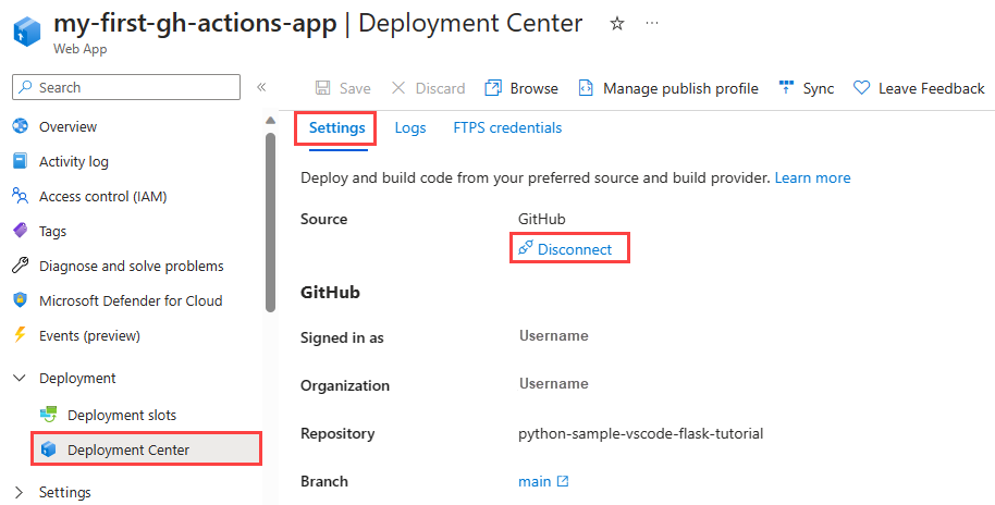 Captura de tela que mostra como desconectar as Ações do GitHub de uma instância do Serviço de Aplicativo no portal do Azure.