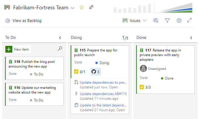 Captura de ecrã do quadro que mostra links do GitHub nos cartões de itens de trabalho.