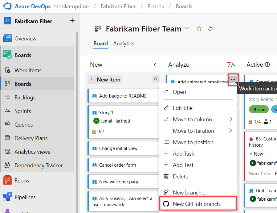 Captura de ecrã do item de trabalho Mais ações selecionadas e destacadas Nova opção GitHub ramificação.