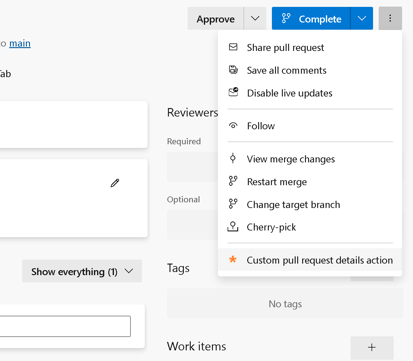 Captura de ecrã do menu de ações de pull request do Git.