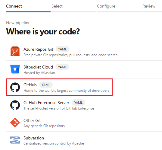 Captura de tela mostrando a seleção do GitHub como o local do seu código.