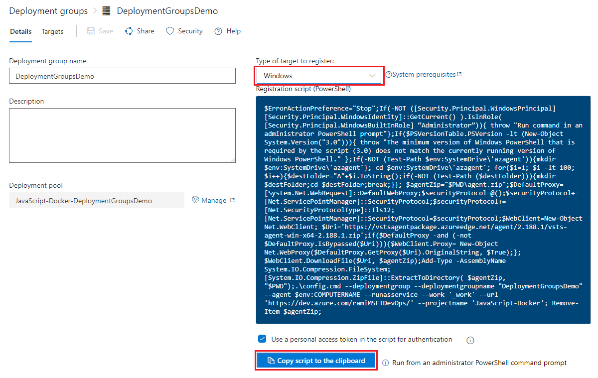 Captura de ecrã que mostra como criar um grupo de deployment no Azure Pipelines.