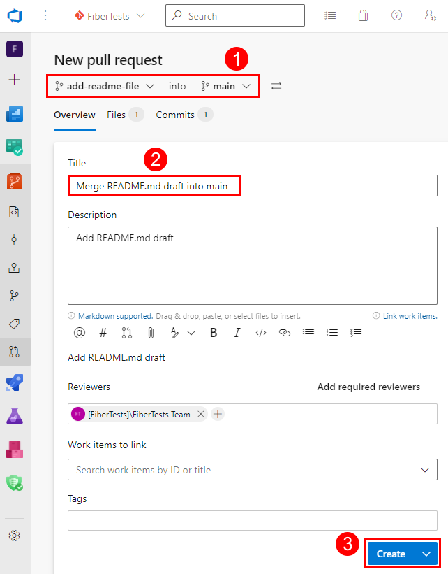 Captura de ecrã do formulário 'Novo Pull Request' no portal Web do Azure Repos.
