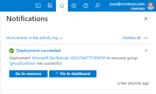 Captura de tela da notificação de implantação do DevTest Labs.
