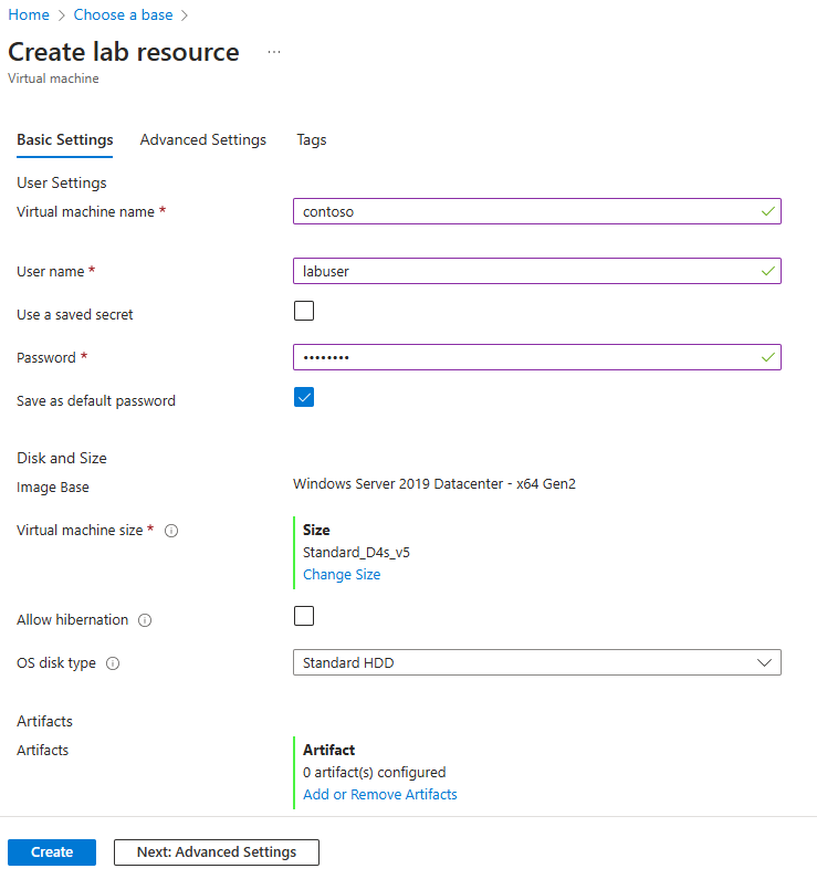 Captura de ecrã do separador Definições Básicas para criar uma VM.