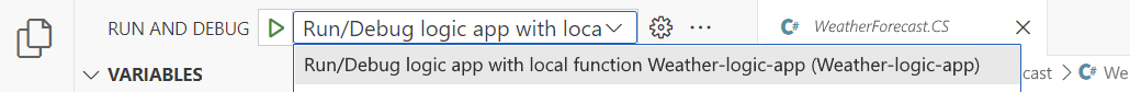 A captura de ecrã mostra a lista Executar e Depurar com opção de seleção para a aplicação Run/Debug logic com função local.