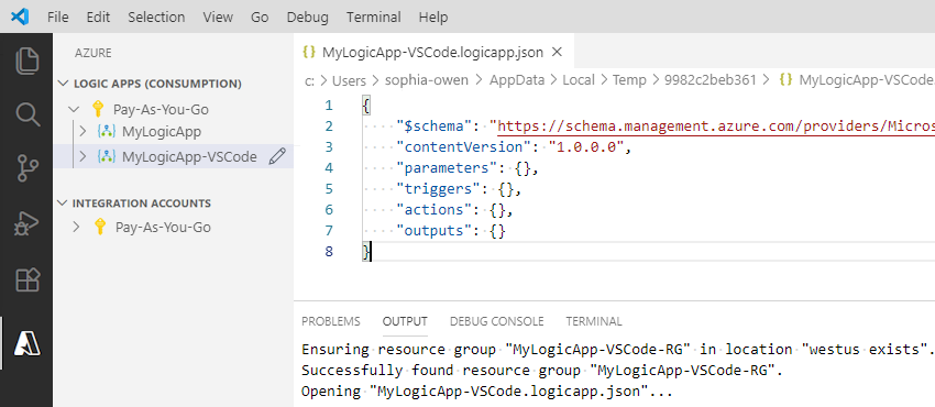 Captura de ecrã que mostra a estrutura para uma definição vazia de fluxo de trabalho de uma aplicação lógica num ficheiro JSON.