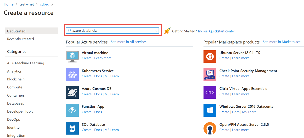 Captura de ecrã que mostra uma pesquisa por Azure Databricks.