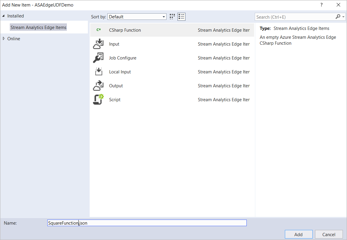 Selecione a função CSharp a partir dos itens Stream Analytics Edge no Visual Studio