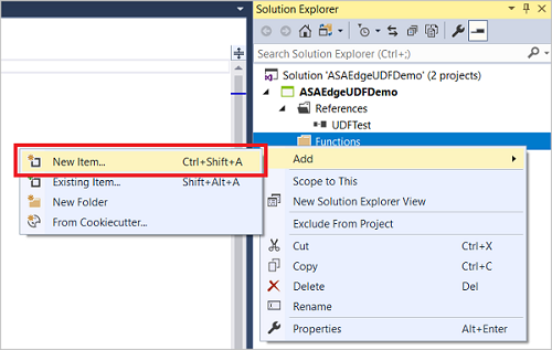 Adicionar novo item às Funções na solução Azure Stream Analytics Edge