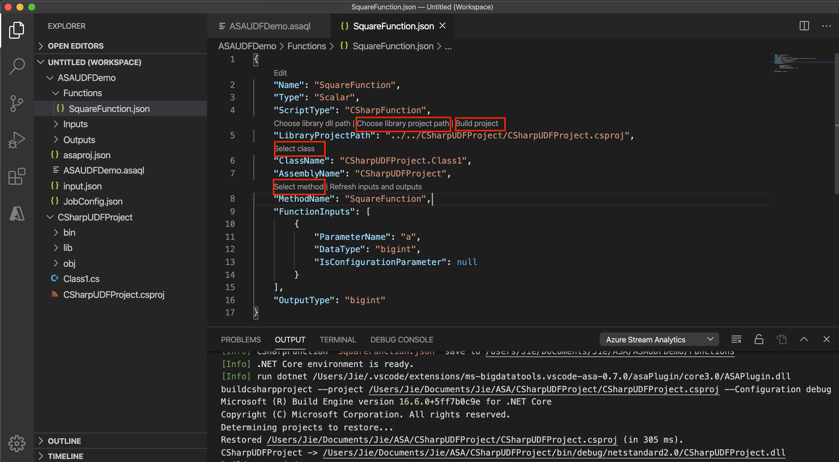 Configuração de função Stream Analytics C# no VS Code