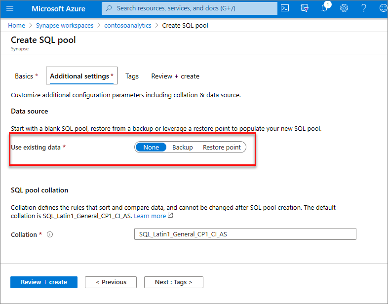 fluxo de criação de pool SQL dedicado - aba configurações adicionais.