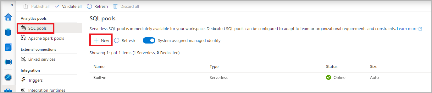 Uma captura de tela da listagem de pools SQL do Synapse Studio Management Hub.