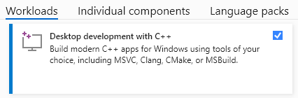 Captura de tela do instalador do Visual Studio com a guia Cargas de trabalho selecionada. O desenvolvimento de desktop com c++ está selecionado.
