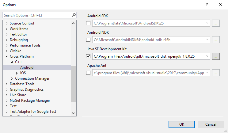 Captura de ecrã das opções de caminho da ferramenta Android na caixa de diálogo Opções.