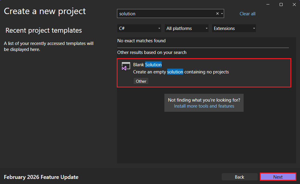 Modelo de solução em branco em Visual Studio