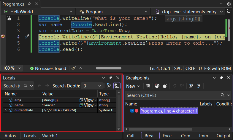 Captura de ecrã de um ponto de interrupção em Visual Studio