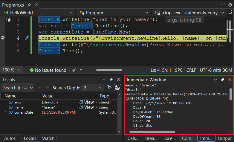 Locais e Janelas Imediatas no Visual Studio