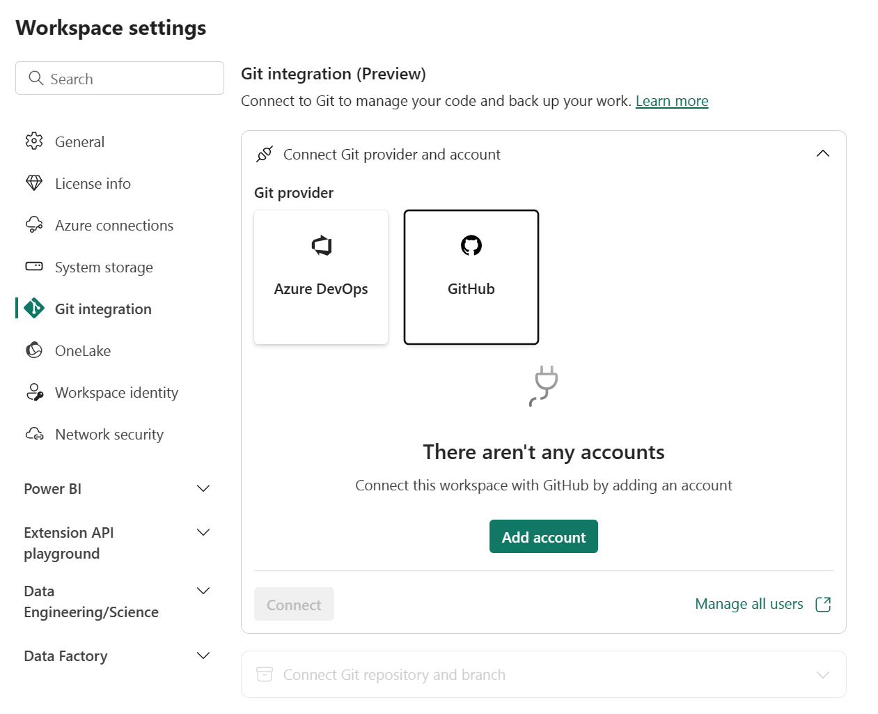 Captura de ecrã da janela de integração GitHub sem contas existentes para selecionar.