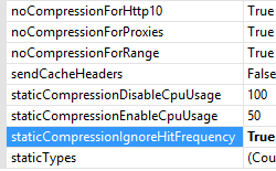 A captura de tela mostra a página Editor de Configuração com True inserido para a opção Ignorar Frequência de Ocorrência de Compactação Estática.