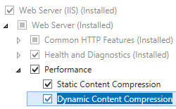 Captura de tela do servidor Web e nó de desempenho com compactação de conteúdo estático selecionada e Compactação de Conteúdo Dinâmico realçada.