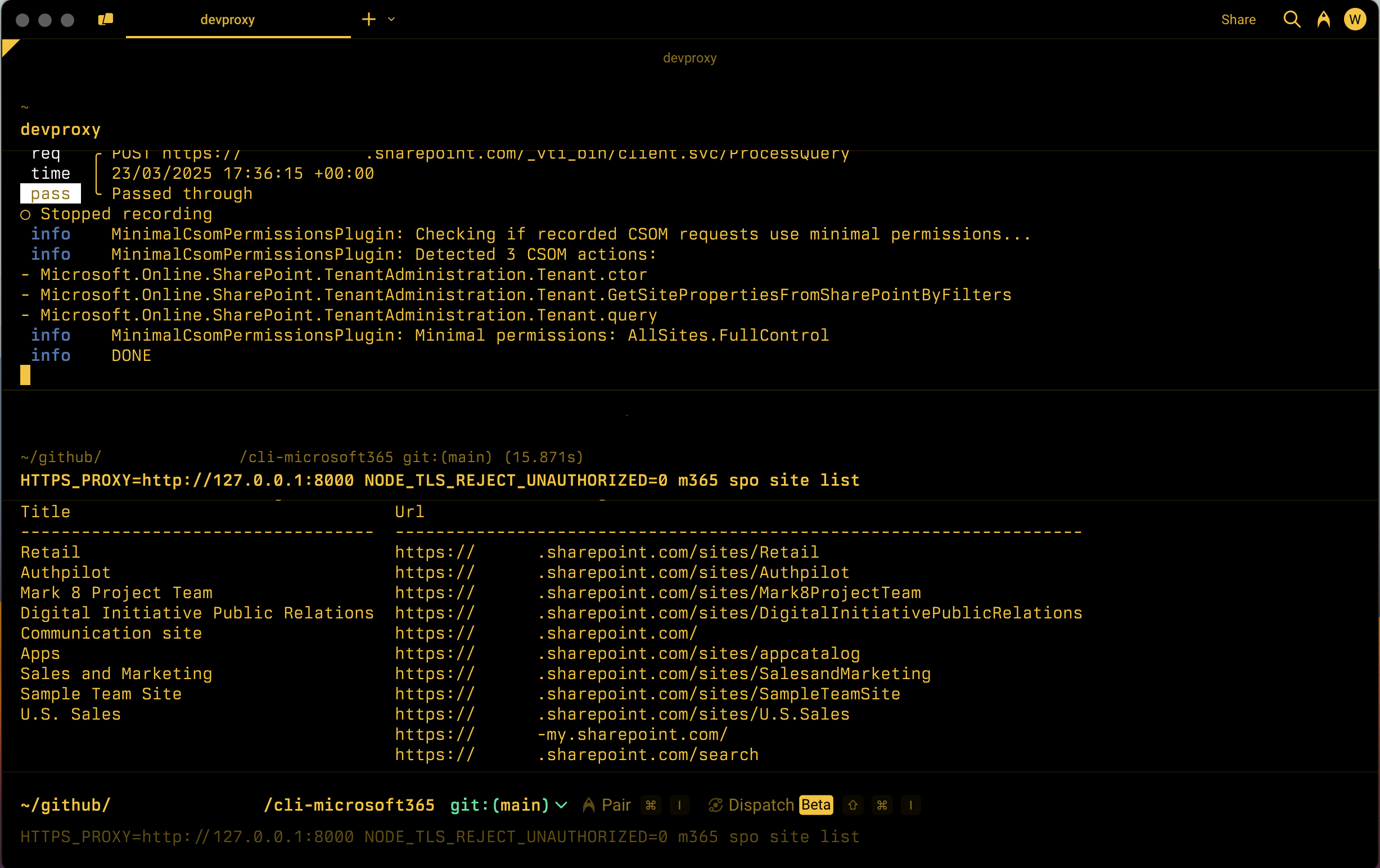 Captura de tela de uma linha de comando mostrando o Proxy de Desenvolvimento listando as permissões mínimas necessárias para chamar o conjunto gravado de APIs CSOM do SharePoint.
