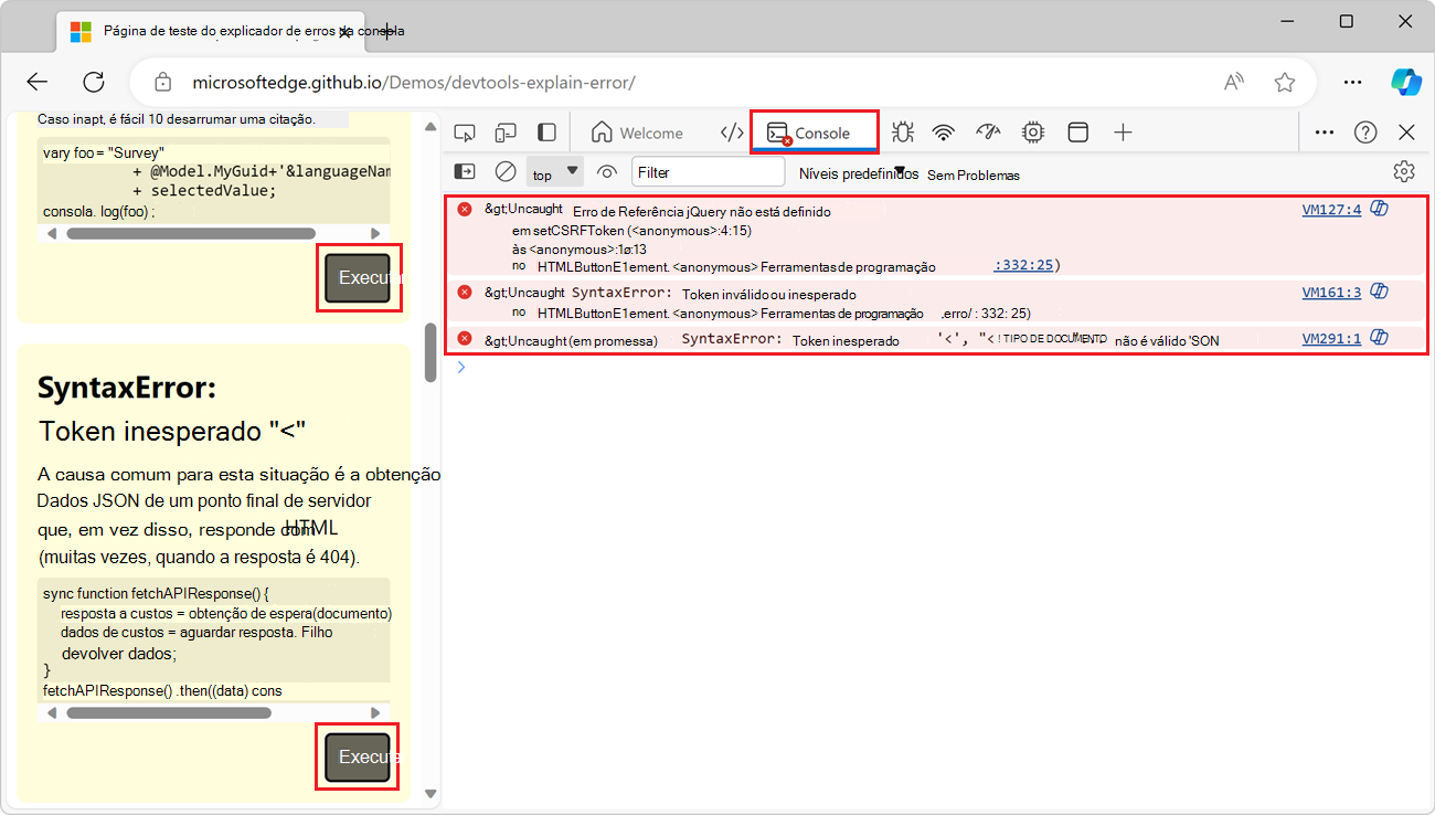 A página Web de demonstração no Edge, com a Consola de DevTools junto à mesma, a mostrar algumas mensagens de erro