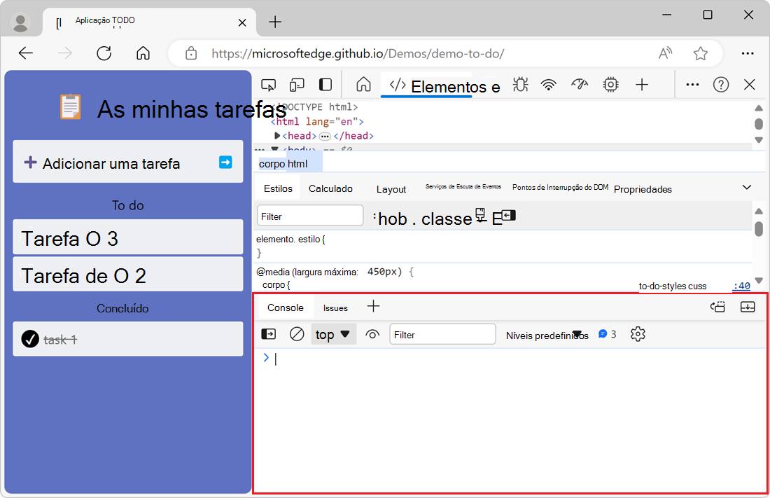 A ferramenta Consola na barra de ferramentas vista rápida