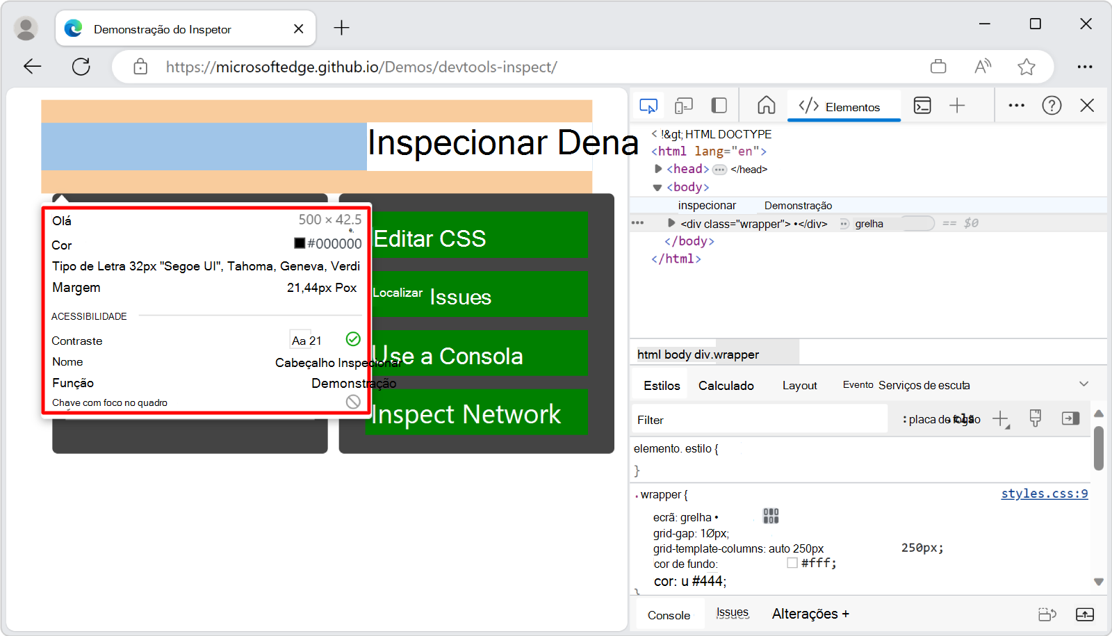 A sobreposição da ferramenta Inspecionar numa página composta, que mostra informações sobre um elemento de cabeçalho h1
