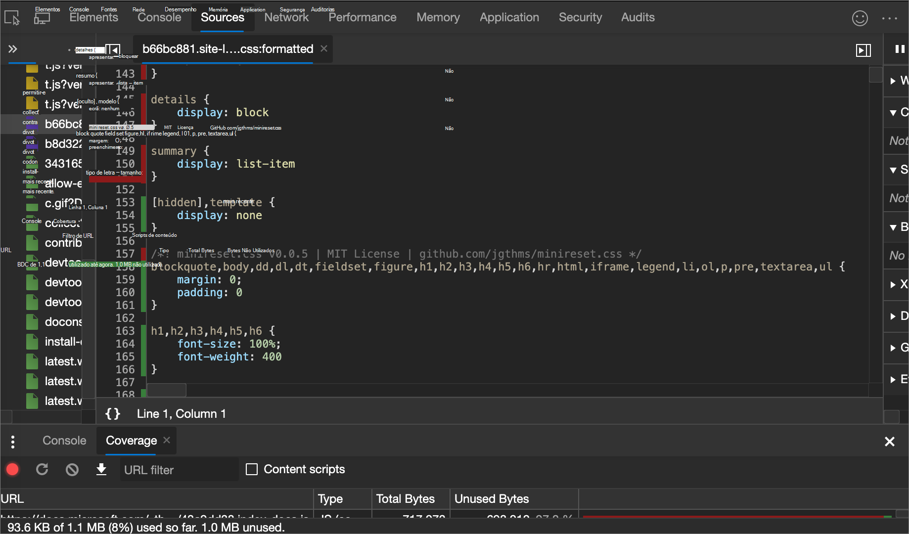 Uma discriminação linha a linha do CSS utilizado e não utilizado