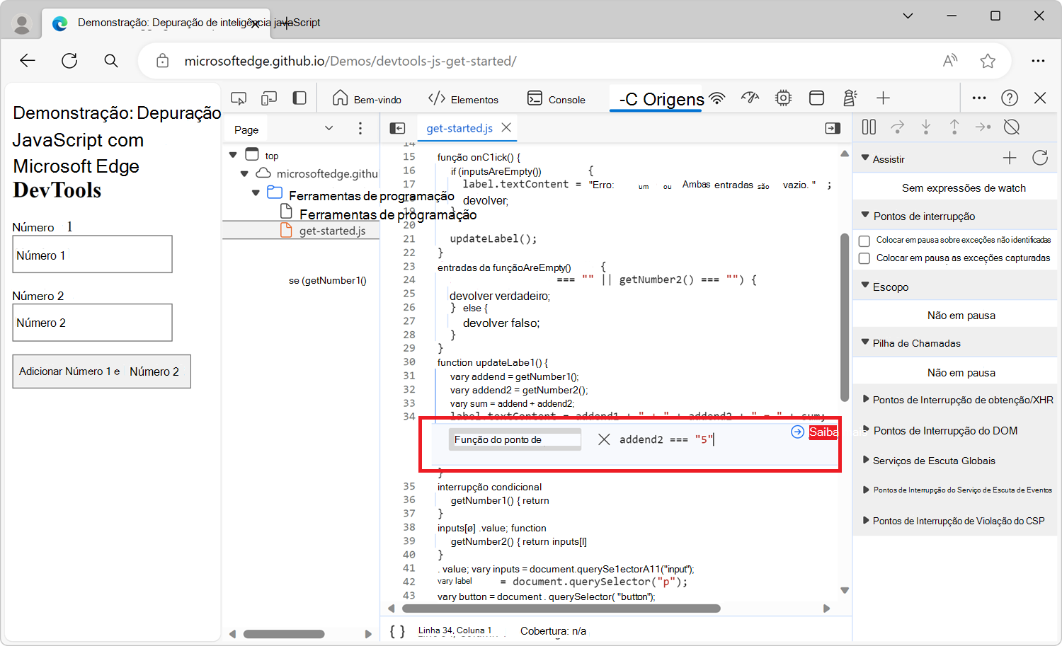 A caixa de diálogo que é apresentada ao definir um ponto de interrupção condicional