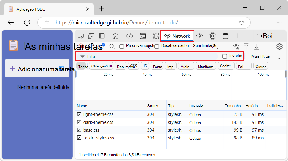 A caixa de texto Filtrar