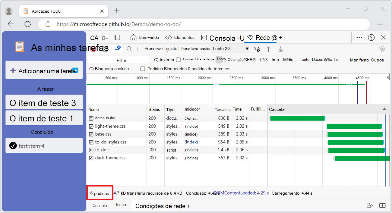 O número total de pedidos desde que as DevTools foram abertas