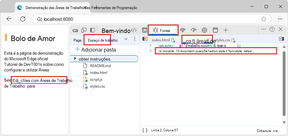 A ligação na página está agora em itálico