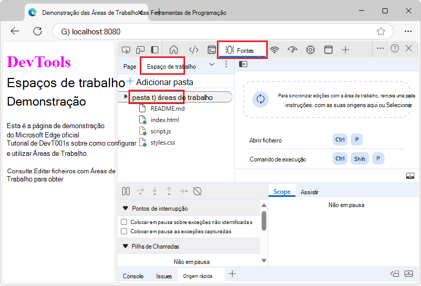 O separador Área de Trabalho tem um ponto 