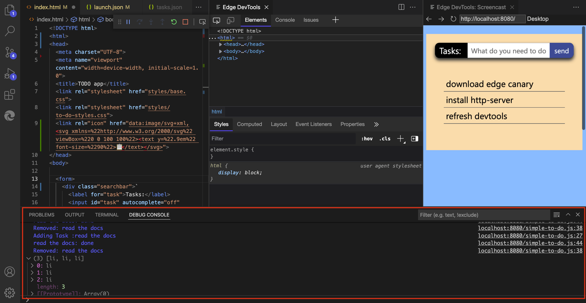 A Consola de DevTools está disponível quando a extensão é iniciada a partir de um fluxo de trabalho Executar e Depurar