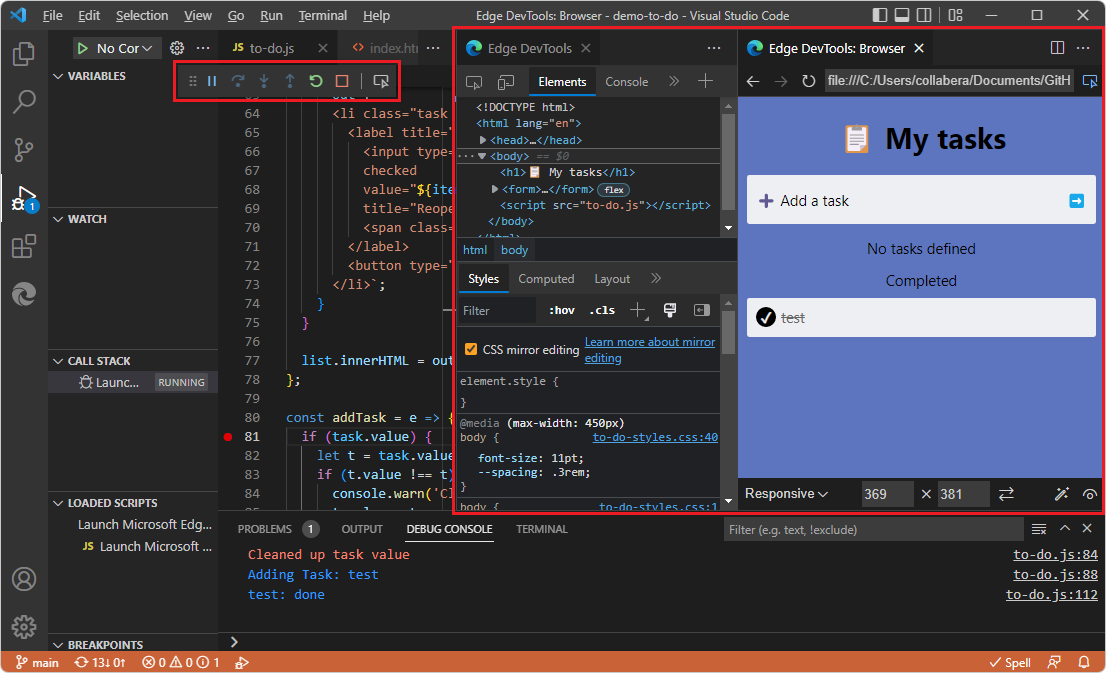 Os dois separadores DevTools do Edge e a barra de ferramentas Depurar