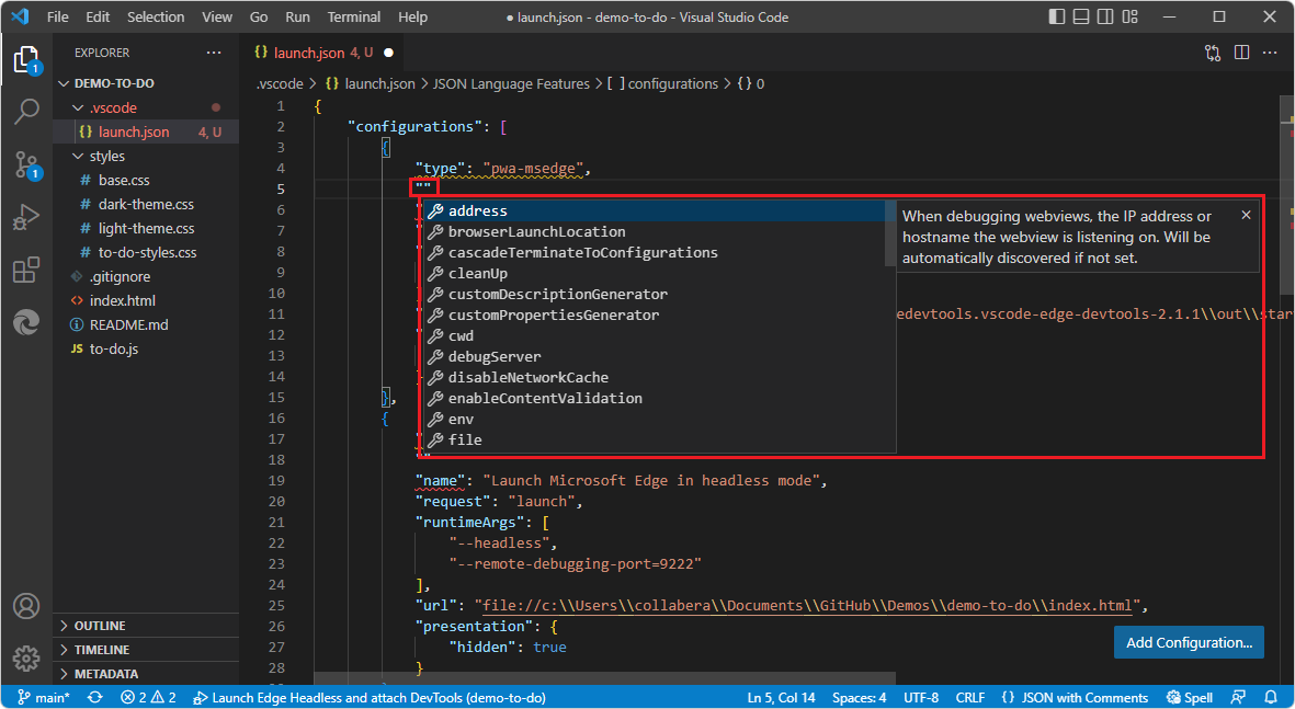 Conclusão automática para launch.json