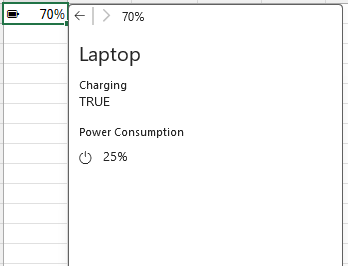 O valor da célula no Excel mostra a carga da bateria a 70% e o tipo de dados card a mostrar a entidade de portátil aninhada com valores de propriedade de carregamento e consumo de energia.