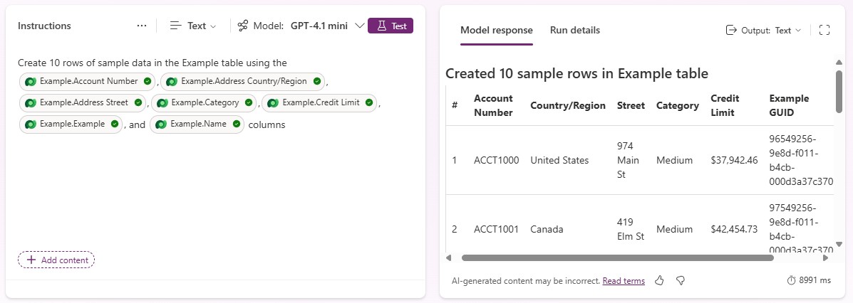 Um prompt projetado para criar dados de exemplo para a tabela sample_example