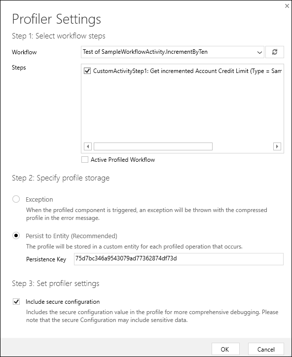 caixa de diálogo de configurações do criador de perfil.